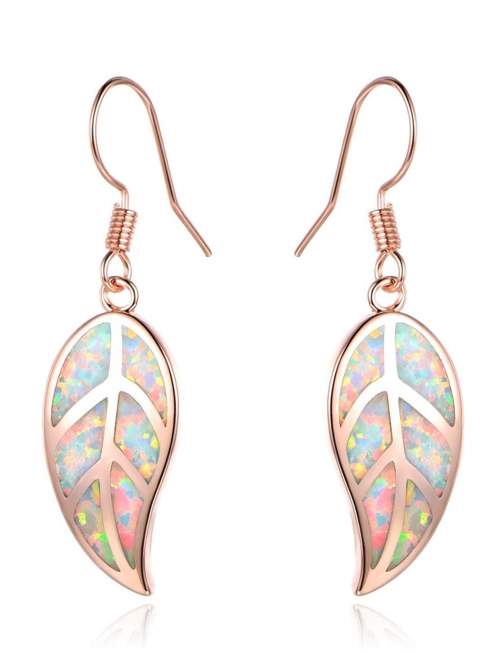 18K Rose Gold Plated Simulated Opal Leaf Earrings - Picture 1 of 4